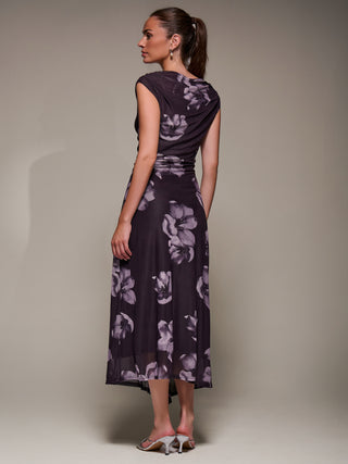 Slash Neck Ruched Mesh Maxi Dress, Purple Floral