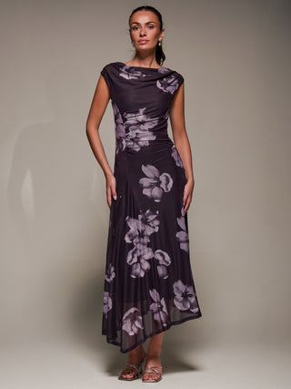 Slash Neck Ruched Mesh Maxi Dress, Purple Floral