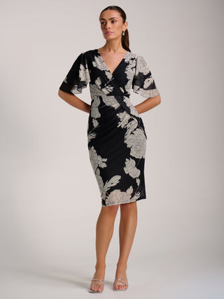Angel Sleeve Ruched Mesh Bodycon Dress, Beige Floral