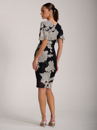 Angel Sleeve Ruched Mesh Bodycon Dress, Beige Floral