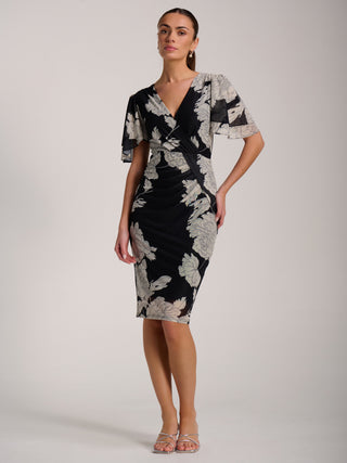 Angel Sleeve Ruched Mesh Bodycon Dress, Beige Floral