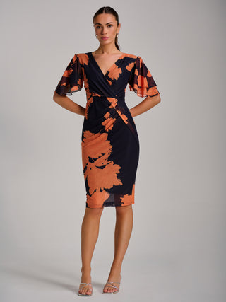 Angel Sleeve Ruched Mesh Bodycon Dress, Orange Floral