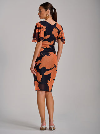 Angel Sleeve Ruched Mesh Bodycon Dress, Orange Floral