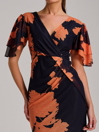 Angel Sleeve Ruched Mesh Bodycon Dress, Orange Floral