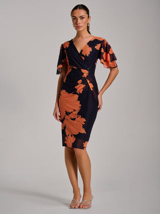 Angel Sleeve Ruched Mesh Bodycon Dress, Orange Floral