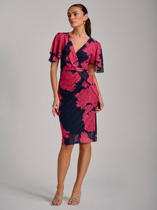 Angel Sleeve Ruched Mesh Bodycon Dress, Red Floral