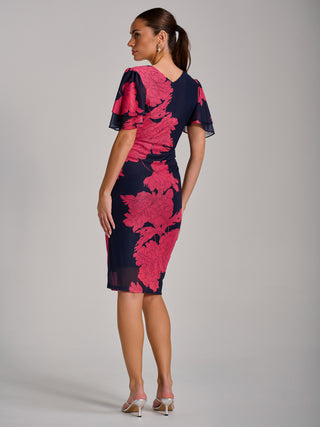 Angel Sleeve Ruched Mesh Bodycon Dress, Red Floral