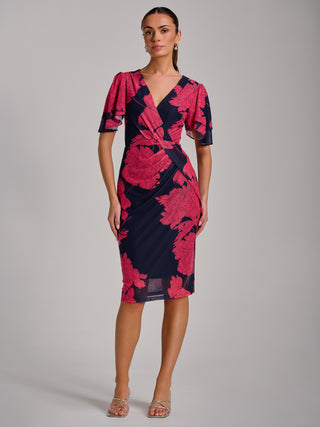 Angel Sleeve Ruched Mesh Bodycon Dress, Red Floral