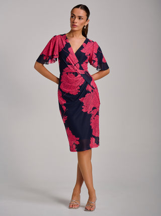 Angel Sleeve Ruched Mesh Bodycon Dress, Red Floral