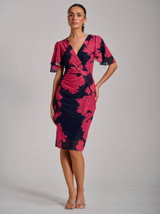 Angel Sleeve Ruched Mesh Bodycon Dress, Red Floral