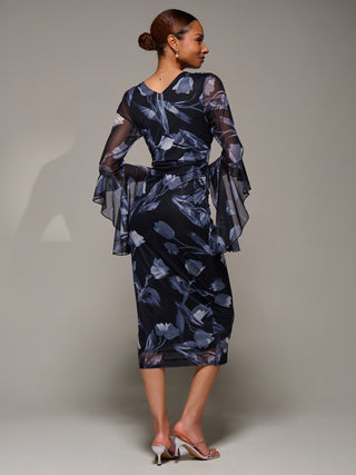 Ruffle Sleeve Ruched Mesh Bodycon Dress, Black Floral