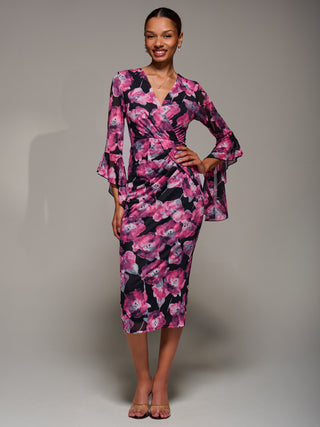 Ruffle Sleeve Ruched Mesh Bodycon Dress, Pink Floral