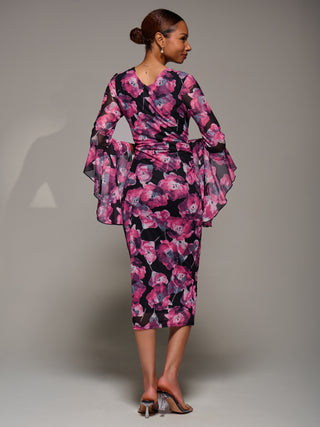 Ruffle Sleeve Ruched Mesh Bodycon Dress, Pink Floral