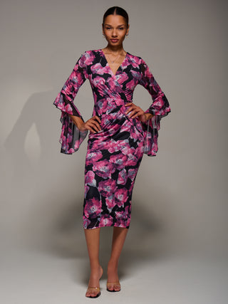 Ruffle Sleeve Ruched Mesh Bodycon Dress, Pink Floral