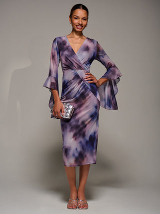 Ruffle Sleeve Ruched Mesh Bodycon Dress, Purple Abstract