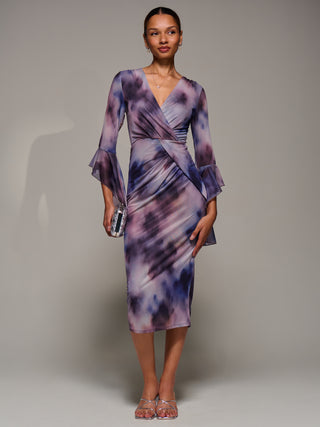 Ruffle Sleeve Ruched Mesh Bodycon Dress, Purple Abstract