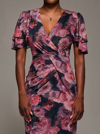 Angel Sleeve Mesh Bodycon Dress, Red Floral