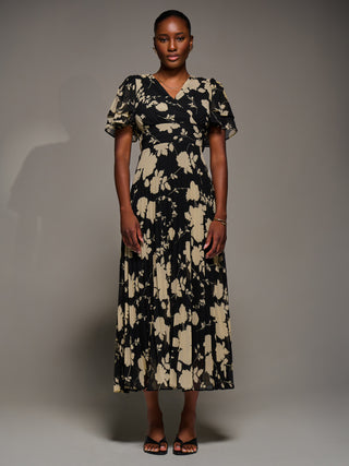 Chiffon Ruffle Sleeve Pleated Maxi Dress, Black Floral
