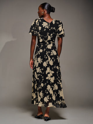 Chiffon Ruffle Sleeve Pleated Maxi Dress, Black Floral