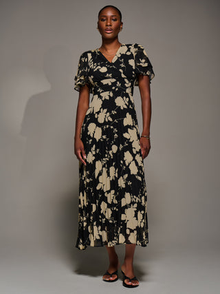 Chiffon Ruffle Sleeve Pleated Maxi Dress, Black Floral