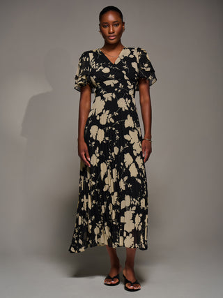 Chiffon Ruffle Sleeve Pleated Maxi Dress, Black Floral