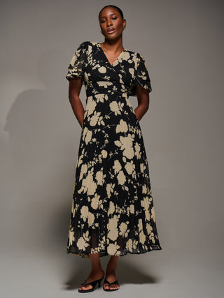 Chiffon Ruffle Sleeve Pleated Maxi Dress, Black Floral
