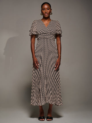 Chiffon Ruffle Sleeve Pleated Maxi Dress, Black Geo