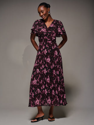 Chiffon Ruffle Sleeve Pleated Maxi Dress, Purple Floral