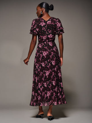 Chiffon Ruffle Sleeve Pleated Maxi Dress, Purple Floral
