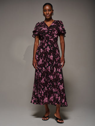 Chiffon Ruffle Sleeve Pleated Maxi Dress, Purple Floral