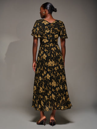 Chiffon Ruffle Sleeve Pleated Maxi Dress, Yellow Floral