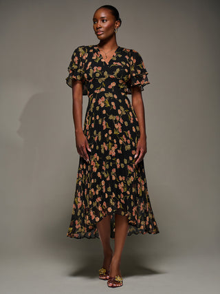 Angel Sleeve Pleated Chiffon Midaxi Dress, Black Floral
