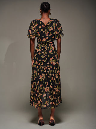 Angel Sleeve Pleated Chiffon Midaxi Dress, Black Floral