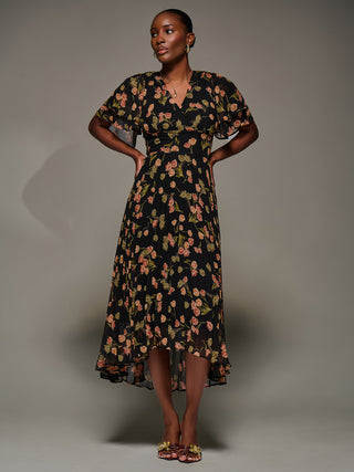 Angel Sleeve Pleated Chiffon Midaxi Dress, Black Floral
