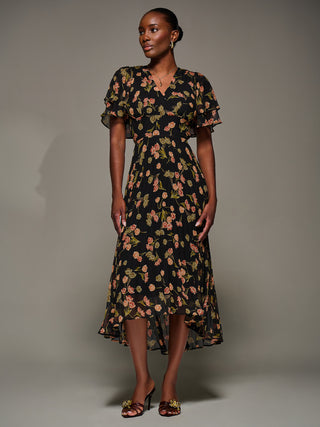 Angel Sleeve Pleated Chiffon Midaxi Dress, Black Floral