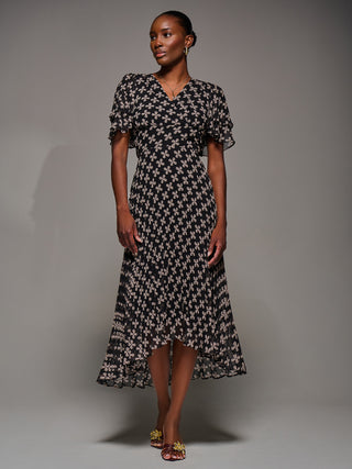 Angel Sleeve Pleated Chiffon Midaxi Dress, Black Geo