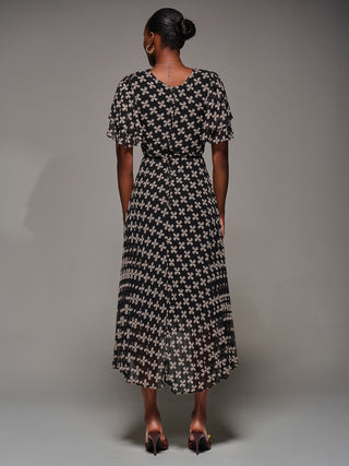 Angel Sleeve Pleated Chiffon Midaxi Dress, Black Geo