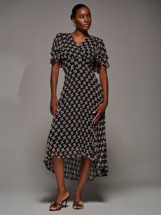 Angel Sleeve Pleated Chiffon Midaxi Dress, Black Geo