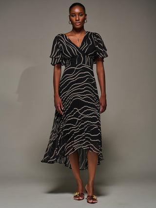 Angel Sleeve Pleated Chiffon Midaxi Dress, Black Spot
