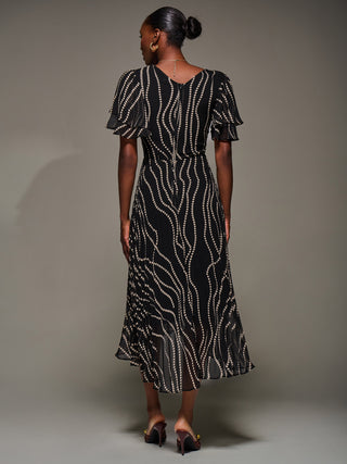 Angel Sleeve Pleated Chiffon Midaxi Dress, Black Spot