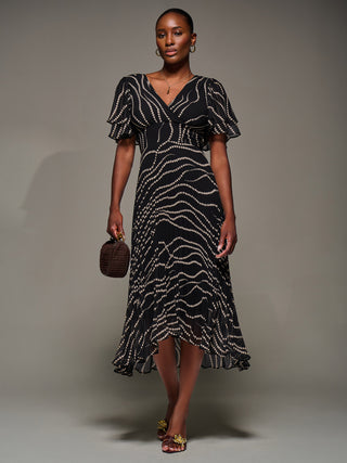 Angel Sleeve Pleated Chiffon Midaxi Dress, Black Spot