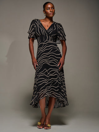 Angel Sleeve Pleated Chiffon Midaxi Dress, Black Spot