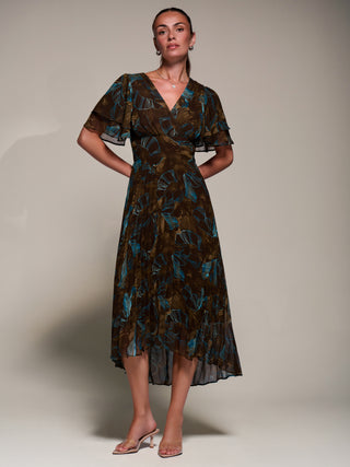 Angel Sleeve Pleated Chiffon Midaxi Dress, Brown Abstract