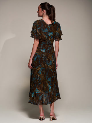 Angel Sleeve Pleated Chiffon Midaxi Dress, Brown Abstract