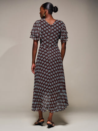 Angel Sleeve Pleated Chiffon Midaxi Dress, Brown Geo