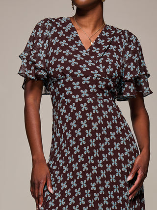 Angel Sleeve Pleated Chiffon Midaxi Dress, Brown Geo