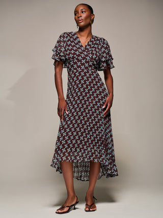 Angel Sleeve Pleated Chiffon Midaxi Dress, Brown Geo