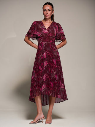 Angel Sleeve Pleated Chiffon Midaxi Dress, Burgundy Abstract