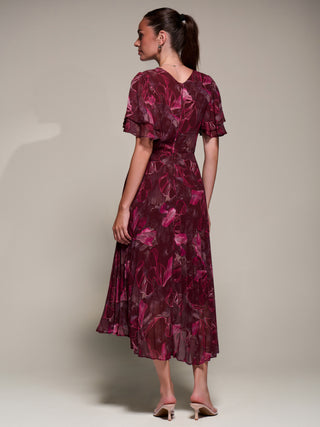 Angel Sleeve Pleated Chiffon Midaxi Dress, Burgundy Abstract