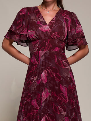 Angel Sleeve Pleated Chiffon Midaxi Dress, Burgundy Abstract